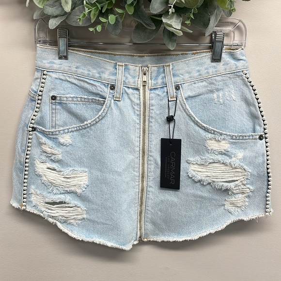 NWT Carmar Beatrice Pearl Side Trim Zip Front Distressed Denim Jean Skirt 28 - Picture 4 of 16